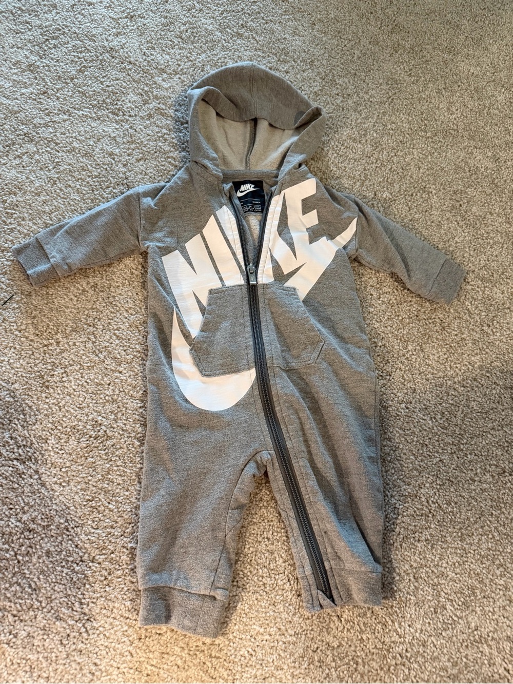 Nike Gray Hooded Baby One-Piece Romper with White Logo
